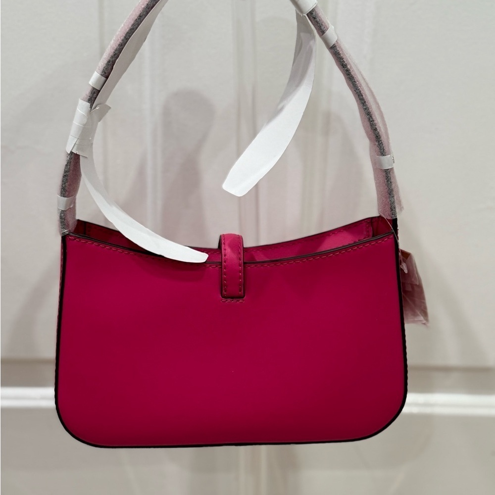 Michael Kors Lyra Small Leather Pouchette Dragonfruit Pink Silver Charm Purse - Picture 10 of 15